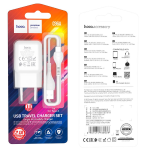HOCO C96A CARICATORE RAPIDO 2.1A USB + CAVO DATI TYPE-C COLORE BIANCO SCATOLATO