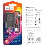 HOCO C96A CARICATORE RAPIDO 2.1A USB + CAVO DATI TYPE-C COLORE NERO SCATOLATO