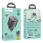 ALIMENTATORE CARICABATTERIE PRESA USB-A + TYPE-C + CAVO QC DA TYPE-C A LIGHTNING DA 1 METRO PD 20W | HOCO N41 NERO