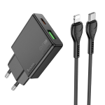 ALIMENTATORE CARICABATTERIE DI RETE SLIM TYPE-C + USB-A + CAVO TYPE-C A LIGHTNING 1 METRO QC3.0 PD 3A 20W | HOCO N38 NERO